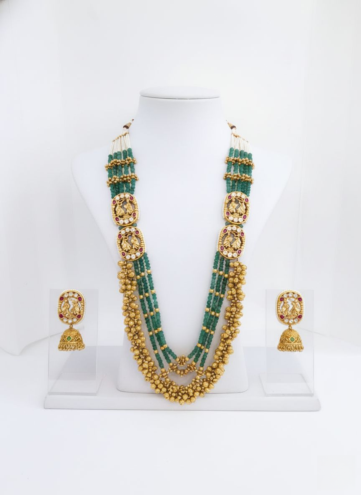 Antique Gold Peacock Kundan Necklace Set with Green Beads