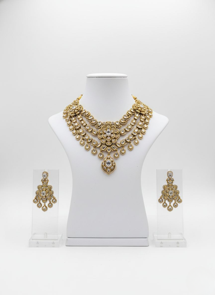 Gold Finish Multi-Layered Bridal Necklace Set with Stone