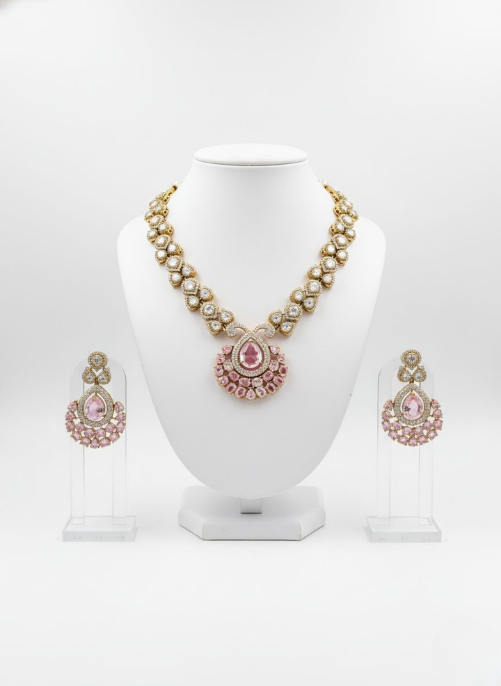 Blush Pink Stone & Gold Kundan Necklace Set with Statement Earrings
