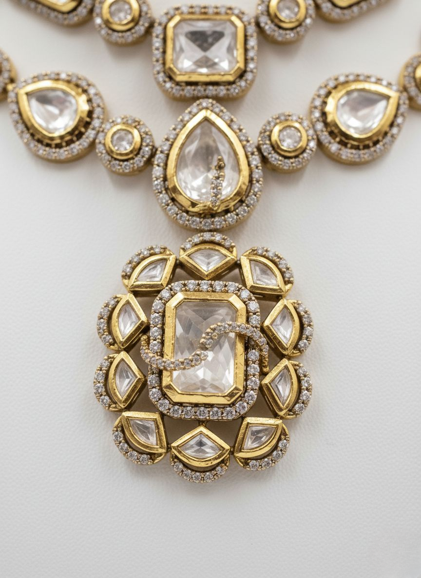 Classic Gold Polki Kundan Layered Necklace Set with Statement Earrings