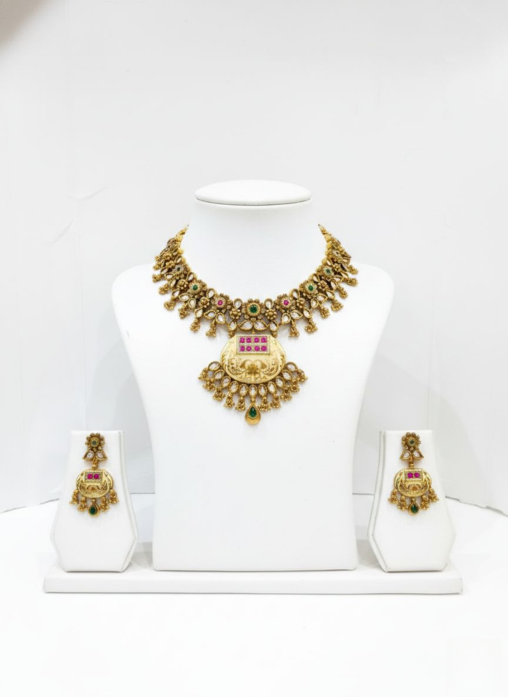 Antique Gold Kundan Choker Necklace Set with Ruby & Emerald Detailing