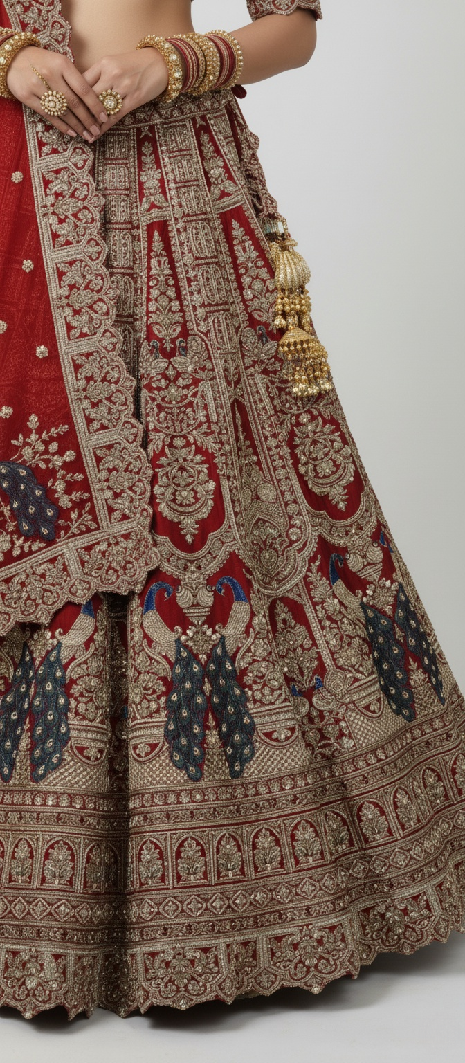 Regal Red Handcrafted Bridal Silk Lehenga with Peacock Motifs & Zardozi Embroidery