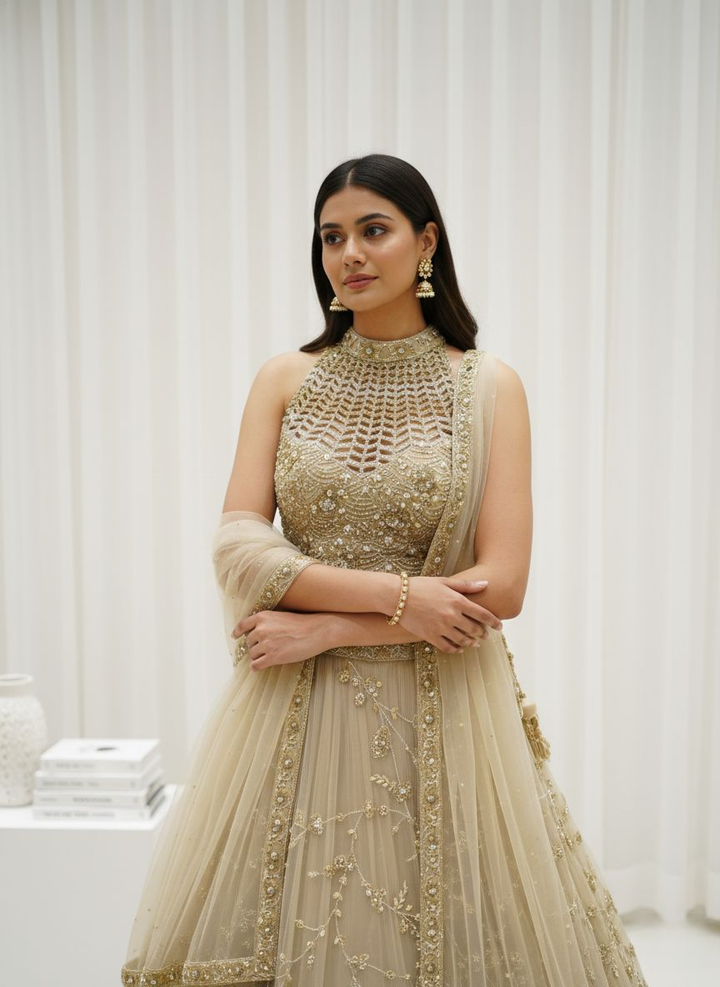 Champagne Gold Embroidered Net Lehenga Set with Cape Dupatta