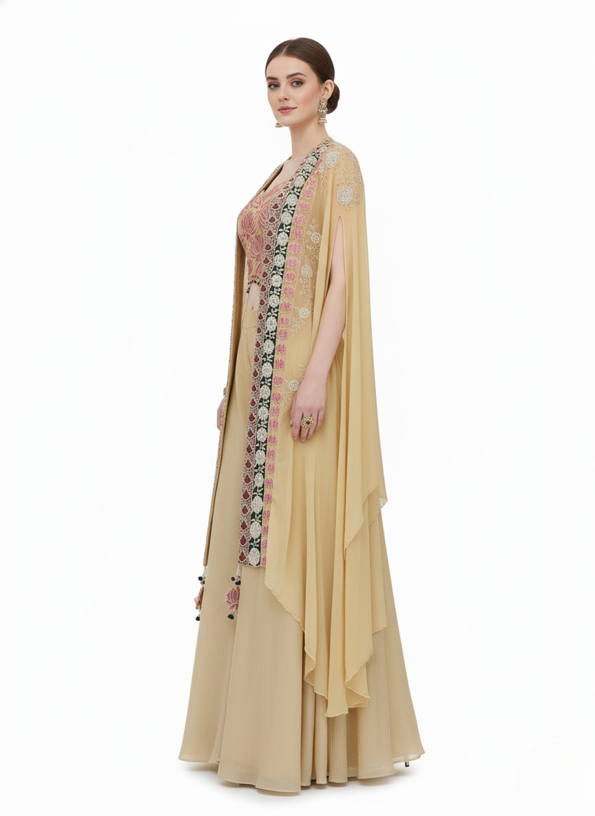 Champagne Gold Indo-Western Palazzo Set with Embroidered Cape & Crop Top
