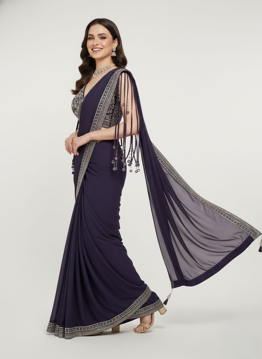 Elegant Navy Blue Designer Saree with Embellished Blouse & Tassel Sleeves