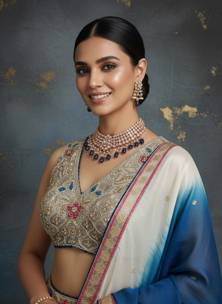 Ocean Ombre Patchwork Silk Lehenga with Embroidered Blouse & Dual-Tone Dupatta
