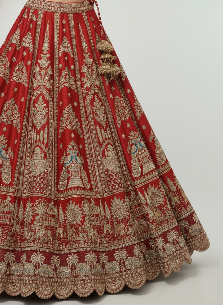 Classic Red Bridal Lehenga with Heavy Gold Zari & Temple Motif Embroidery