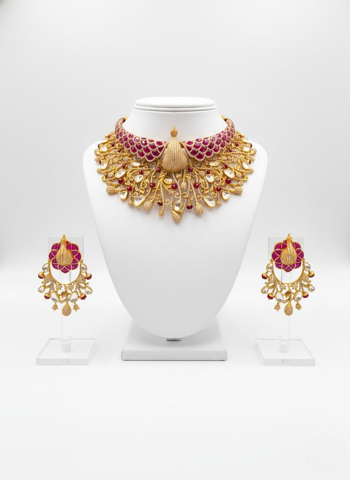 Gold & Ruby Peacock Design Kundan Necklace Set with Matching Statement Earrings