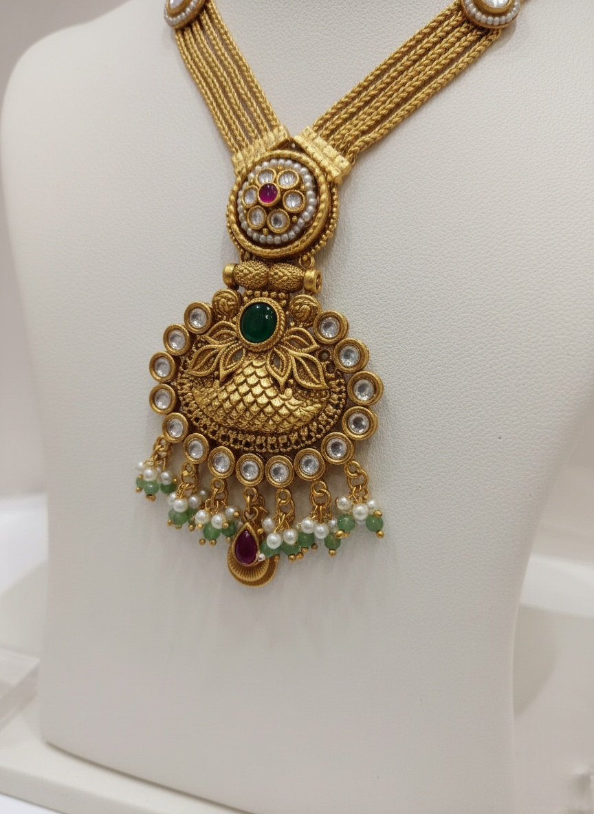 Antique Gold Temple Necklace Set with Ruby, Emerald & Pearl Detailing