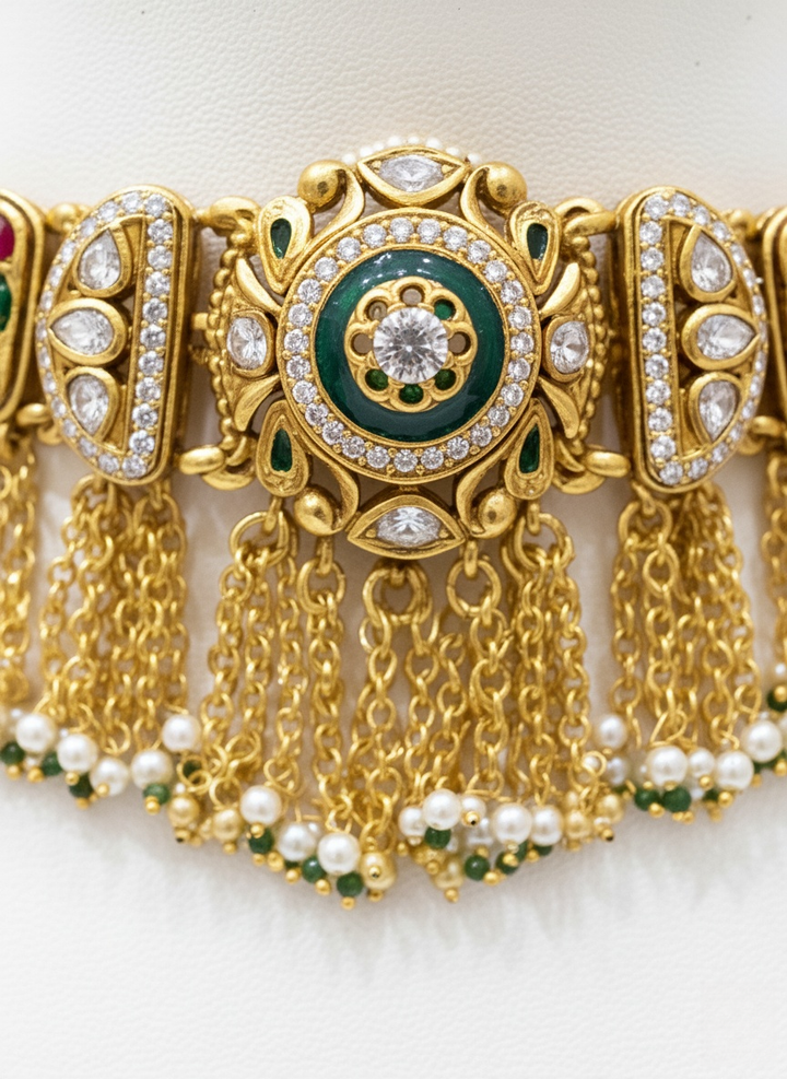 Royal Kundan Choker Necklace Set with Green & Red Stone Detailing