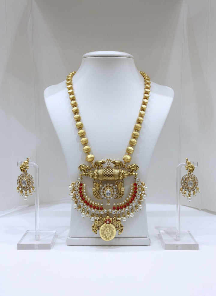 Grand Temple Jewellery Haram with Elephant Motifs & Pearl Embellished Pendant