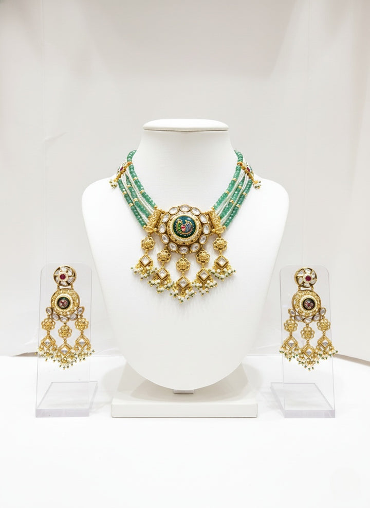 Emerald Green Beaded Kundan Choker Necklace Set with Enamel Pendant