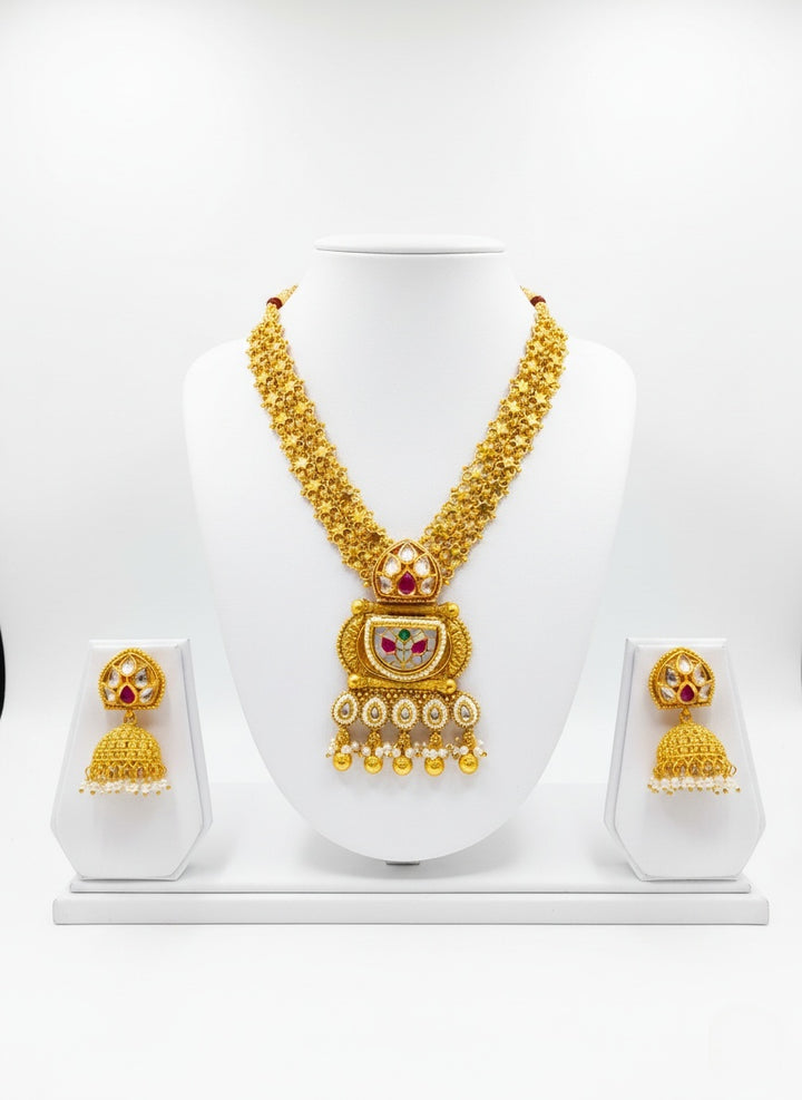 Temple-Inspired Gold Long Necklace Set with Kundan & Meenakari Detailing