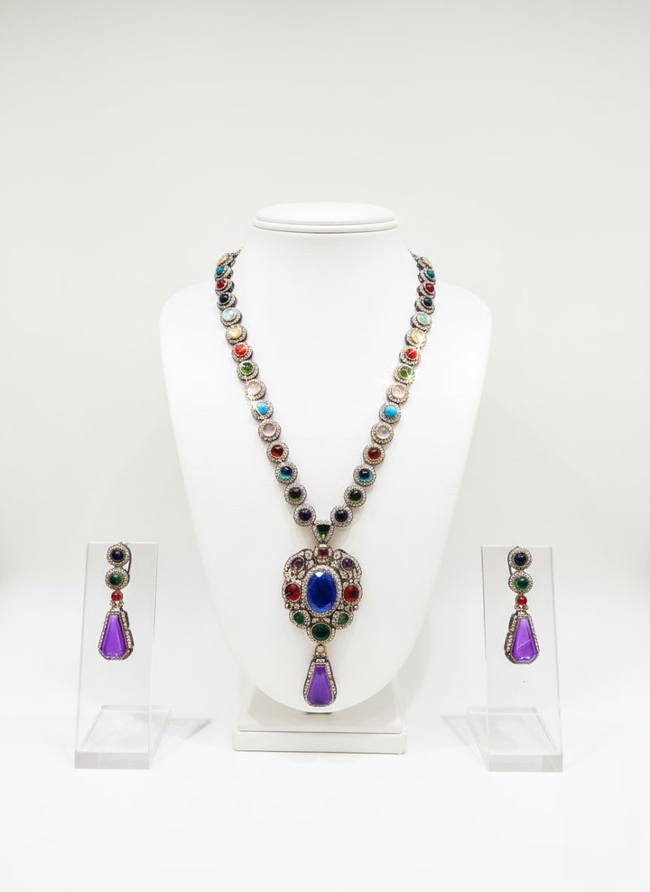 Majestic Sapphire Blue & Multicolor Polki Necklace Set with Royal Pendant