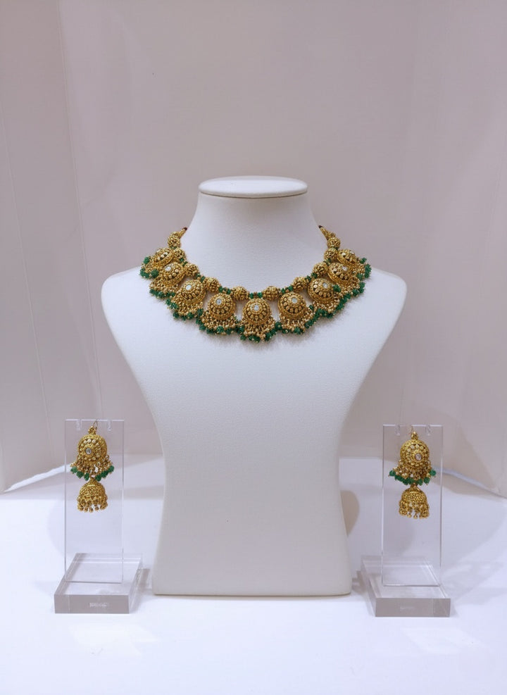 Antique Temple Necklace Set with Green Bead Detailing & Jhumka Earrings