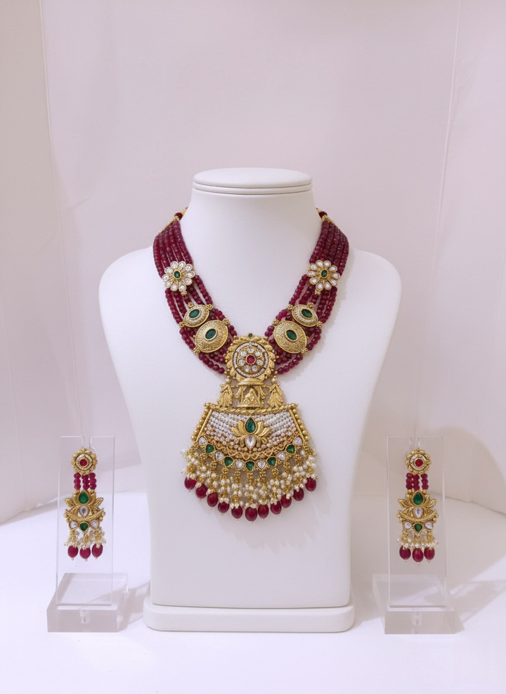 Royal Temple Necklace Set with Ruby Beads & Kundan Embellishments