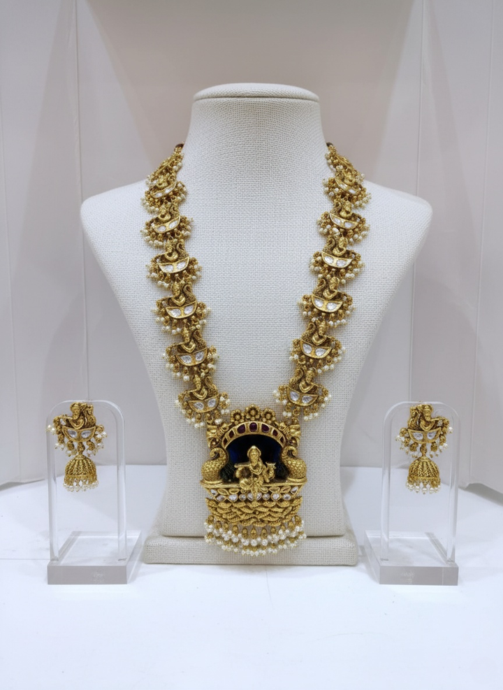 Krishna Temple Necklace Antique with Kundan Detailing & Jhumka Earrings