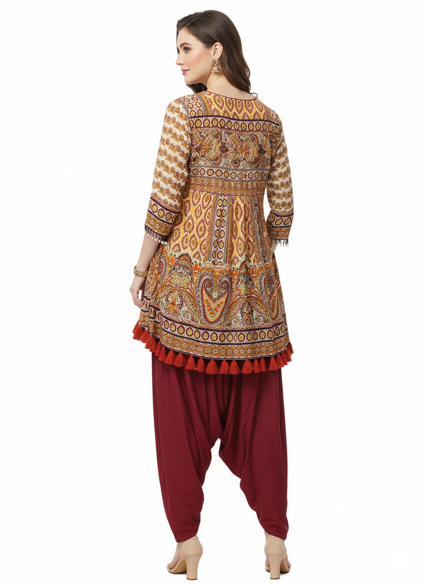 Mustard Printed Indo-Western Asymmetrical Kurta with Maroon Dhoti Pants & Tassel Detailing