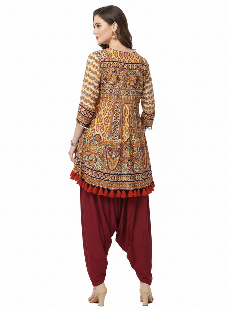 Mustard Printed Indo-Western Asymmetrical Kurta with Maroon Dhoti Pants & Tassel Detailing
