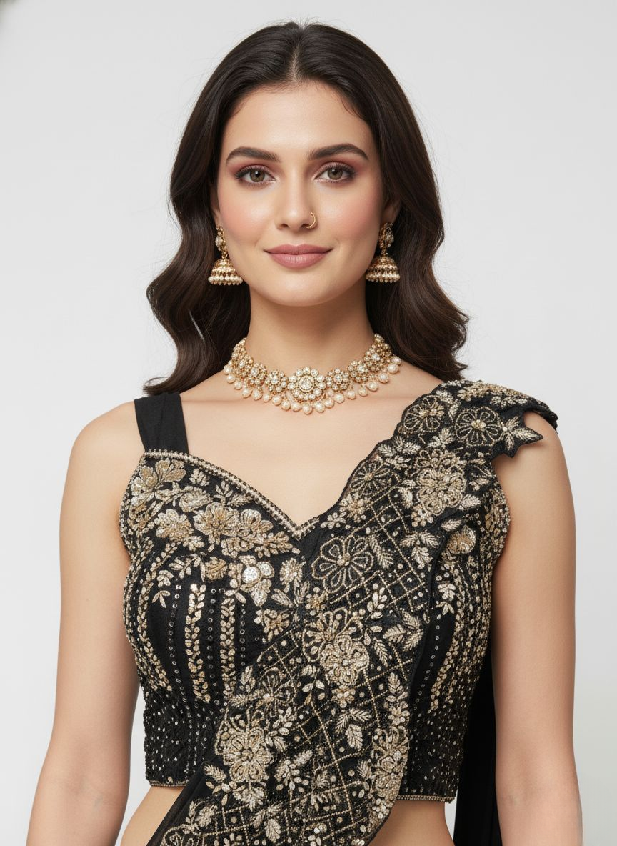 Black Designer Ready-to-Wear Saree with Heavy Gold Embellished Blouse & Drape Detailing