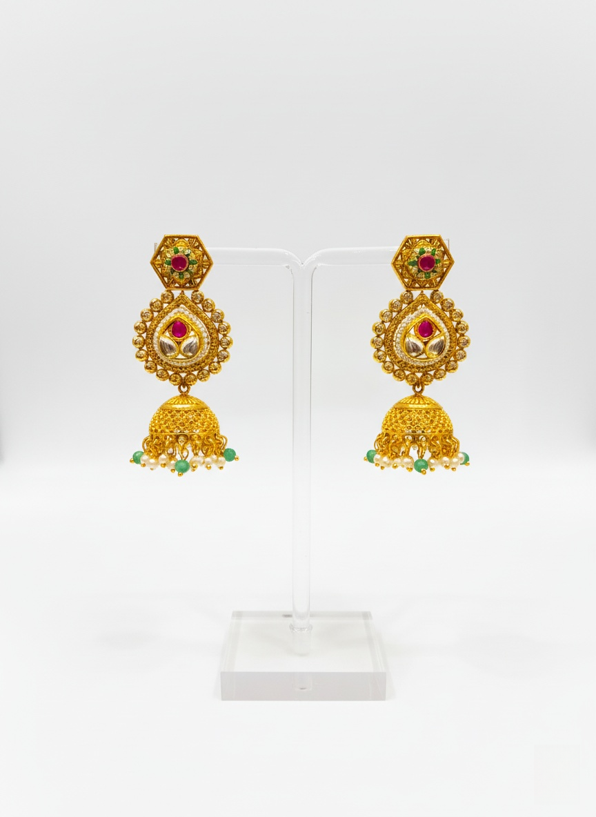 Temple-Inspired Kundan Bridal Necklace Set with Ruby & Emerald Stones
