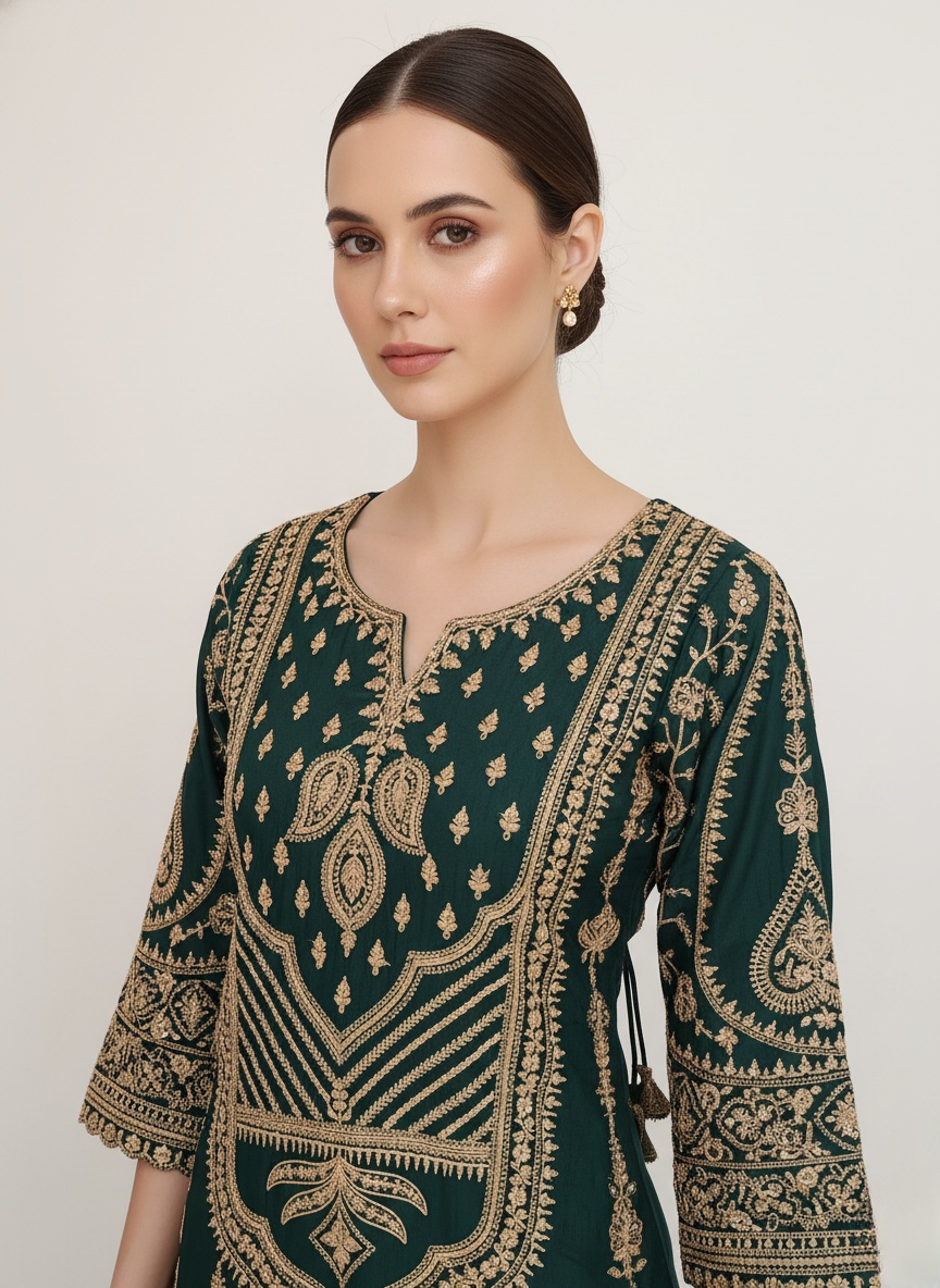 Emerald Green Heavy Embroidered Palazzo Suit with Dupatta