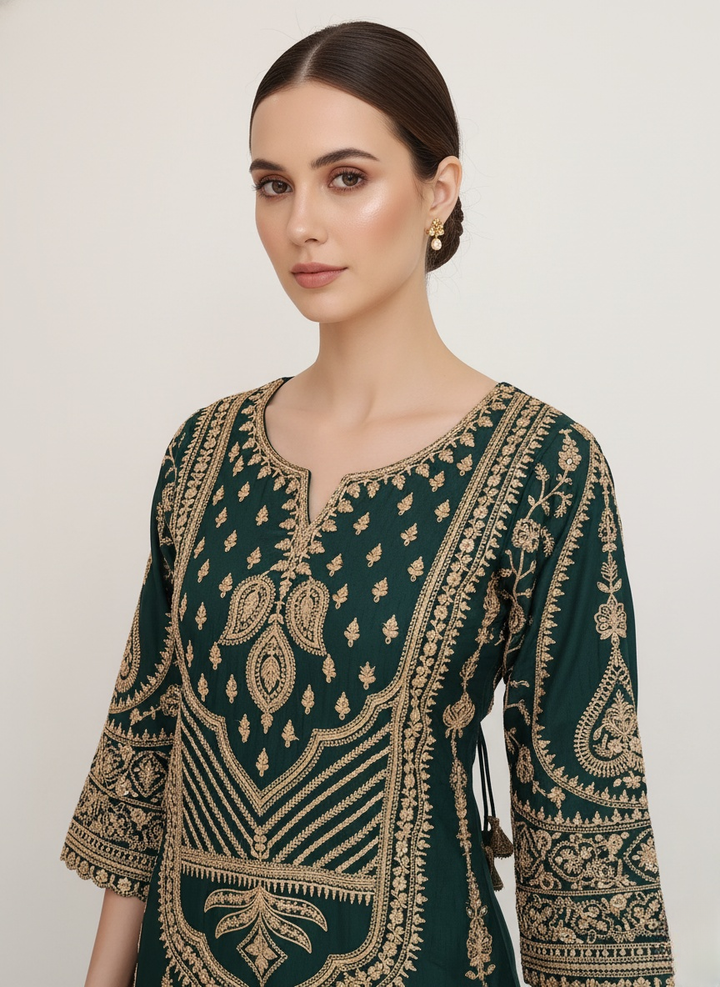 Emerald Green Heavy Embroidered Palazzo Suit with Dupatta