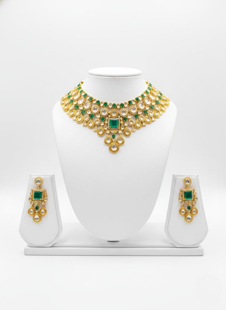 Emerald Green & Gold Heavy Kundan Bridal Necklace Set with Statement Earrings