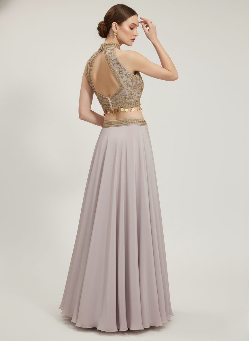 Blush Pink Crop Top Lehenga with Gold Embroidered Halter Blouse