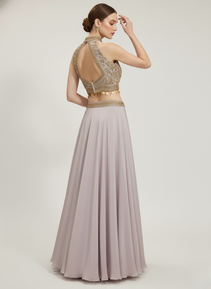 Blush Pink Crop Top Lehenga with Gold Embroidered Halter Blouse