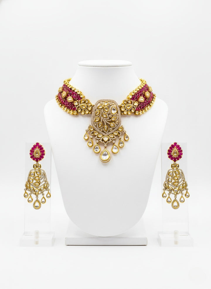 Ruby Pink & Gold Kundan Bridal Choker Necklace Set with Heavy Statement Earrings