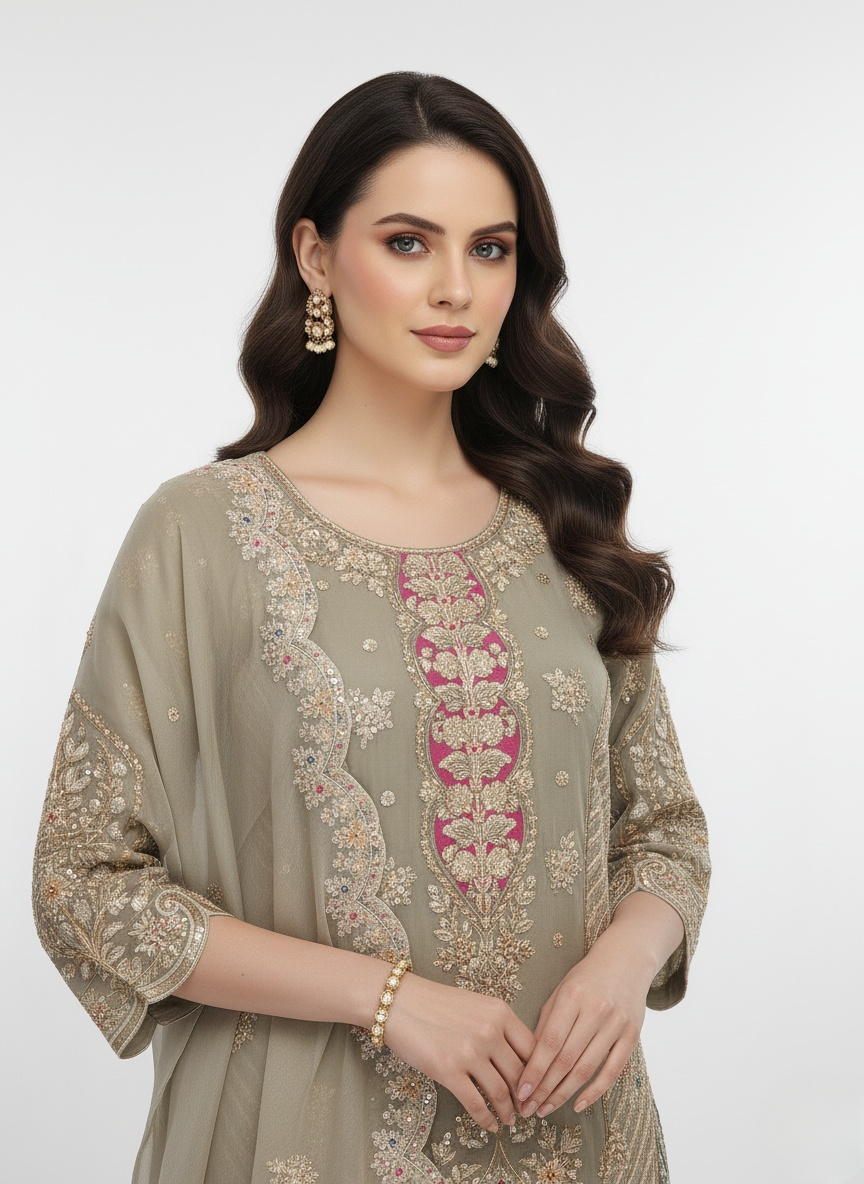 Taupe Beige Embroidered Kurta Palazzo Set with Scalloped Net Dupatta