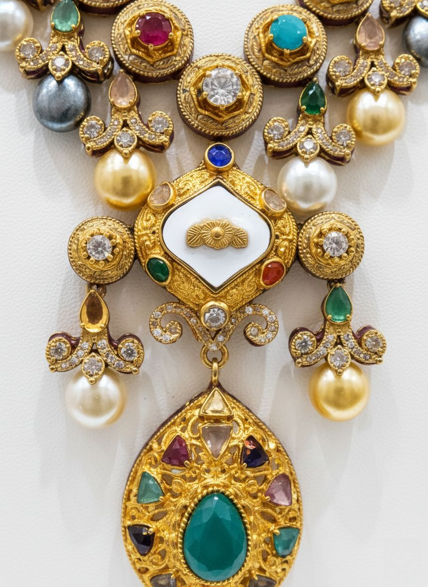 Regal Kundan & Multicolor Gemstone Bridal Necklace Set with Pearls