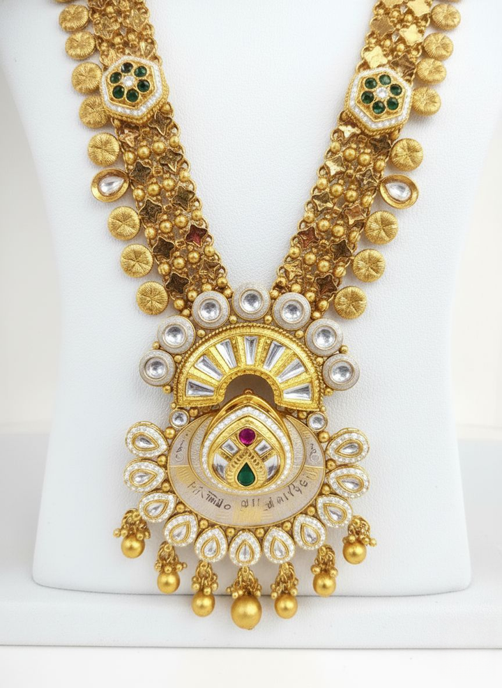 Antique Gold Kundan Bridal Necklace Set with Pearl & Polki Detailing