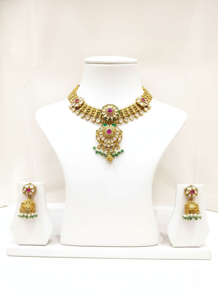 Traditional Kundan Choker Necklace Set with Ruby & Emerald Accents