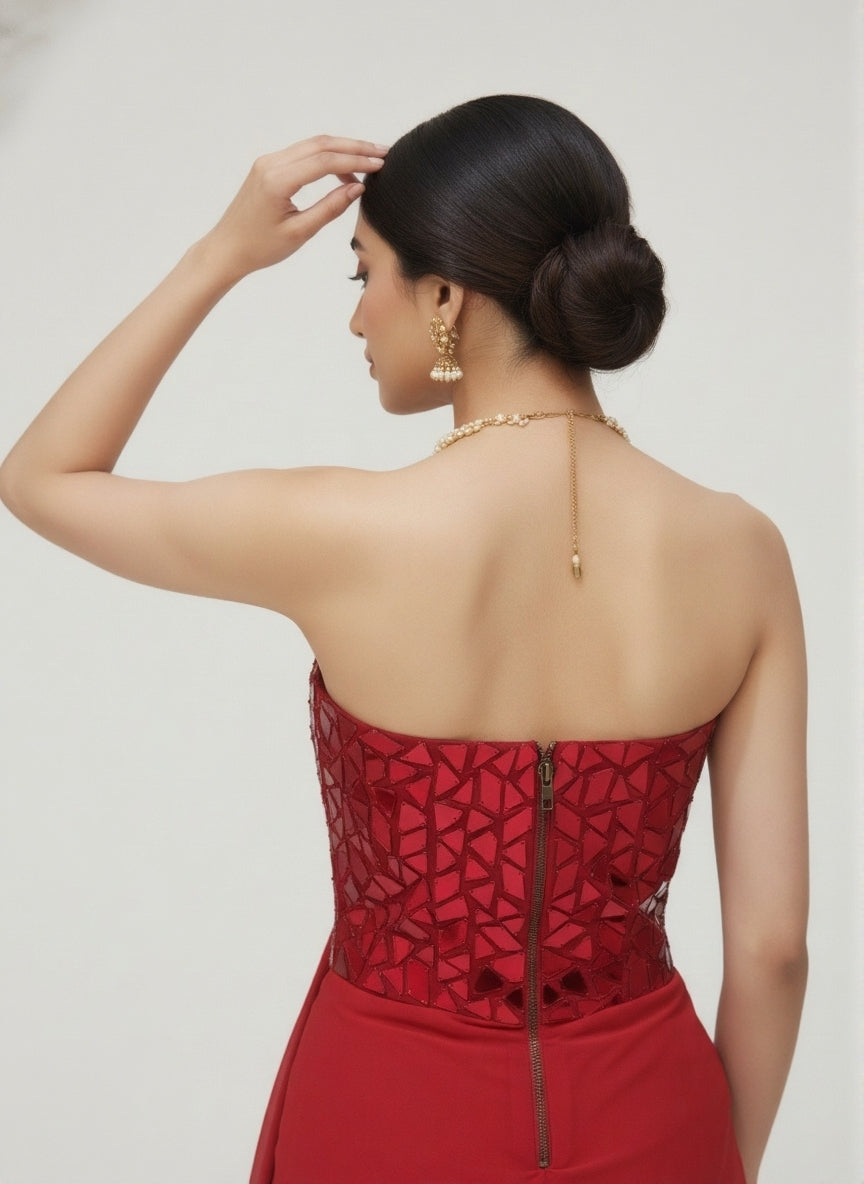 Elegant Red Ready-to-Wear Saree with Mirror-Work One-Shoulder Blouse – Party & Cocktail Wear