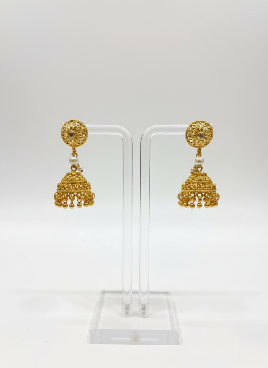 Traditional Matte Gold Beaded Necklace Set with Jhumka Earrings