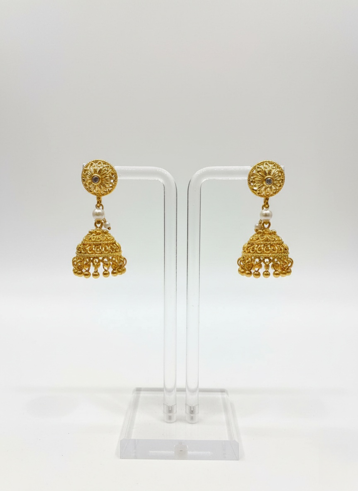 Traditional Matte Gold Beaded Necklace Set with Jhumka Earrings