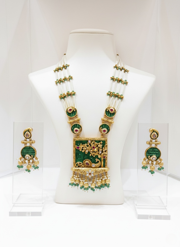 Peacock Motif Haram with Green Enamel & Pearl Embellishments