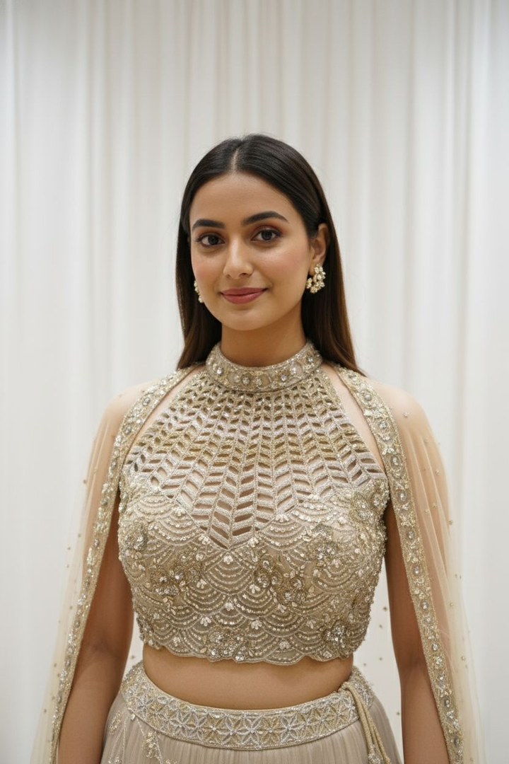 Champagne Gold Embroidered Net Lehenga Set with Cape Dupatta