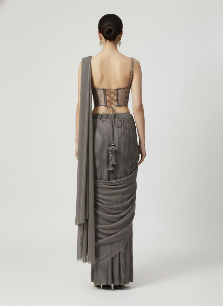 Smokey Grey Ready-to-Wear Pre-Draped Saree with Hand-Embroidered Bustier