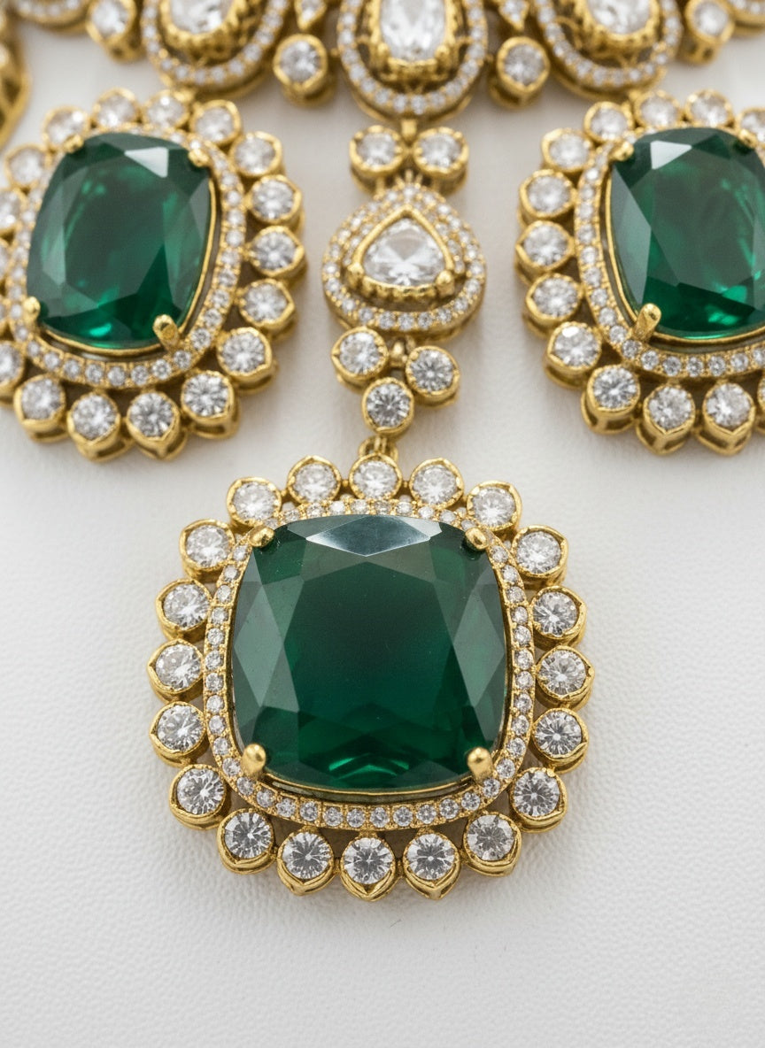 Emerald Green & Gold Royal Kundan Necklace Set with Statement Earrings