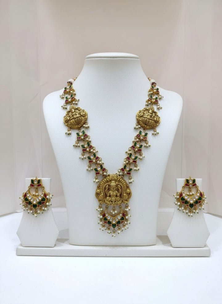 Temple Jewellery Lakshmi Haram with Multicolour Stones & Earrings