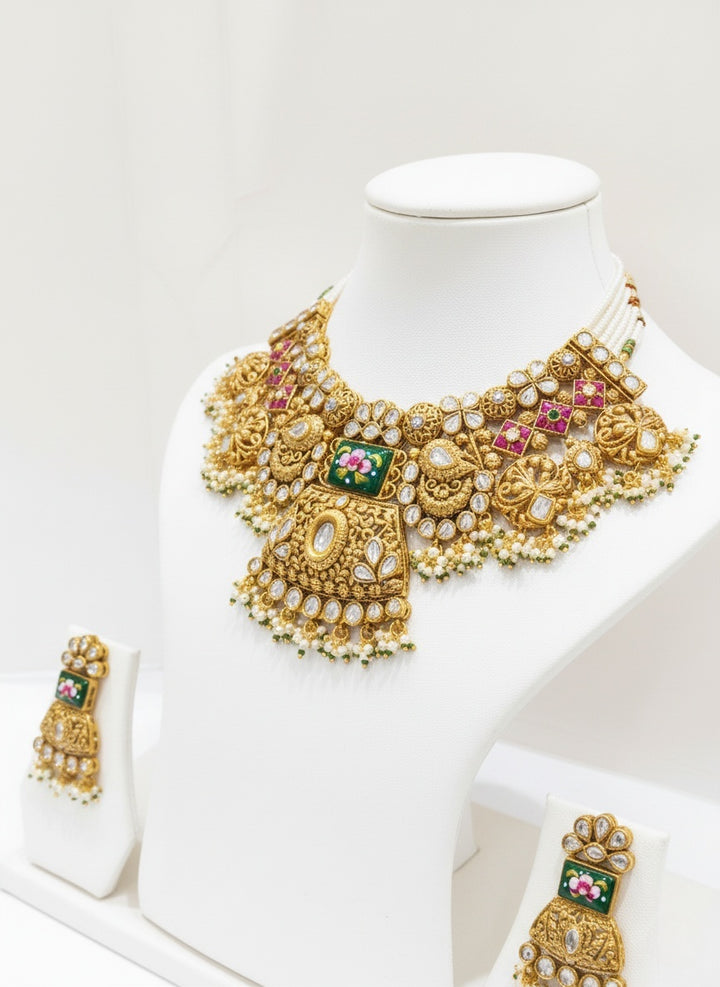 Grand Temple-Inspired Kundan Choker Necklace Set with Ruby & Emerald Stones