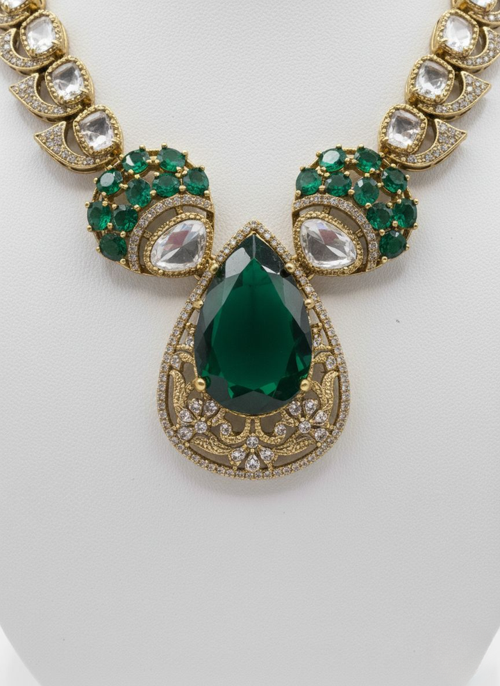 Emerald Green Kundan Bridal Necklace Set with Matching Earrings