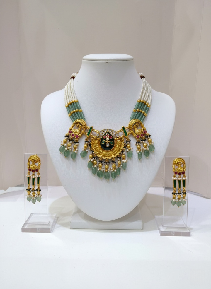 Majestic Temple Necklace Set with Kundan Work & Green Bead Detailing