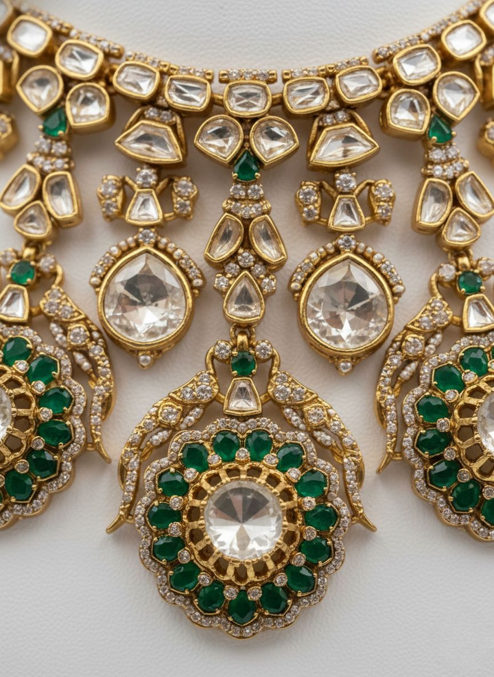 Emerald Green & Gold Heavy Kundan Bridal Necklace Set with Statement Earrings