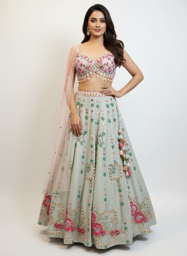 Mint Green Multicolor Floral Embroidered Lehenga Set with Tassel Details