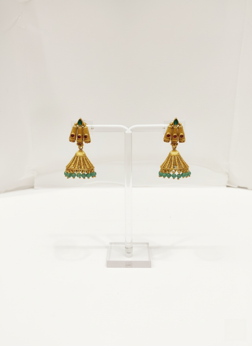 Temple-Inspired Gold Necklace Set with Green Enamel & Bead Drops