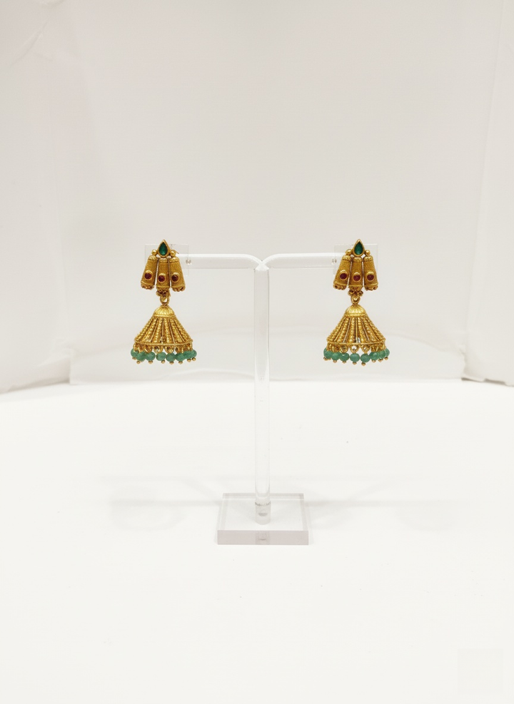 Temple-Inspired Gold Necklace Set with Green Enamel & Bead Drops